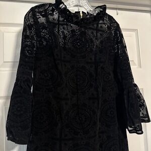 Calvin Klein Womens Size 10 Burnout Velvet Lace Bell-Sleeve Dress‎ Ruffle Neck